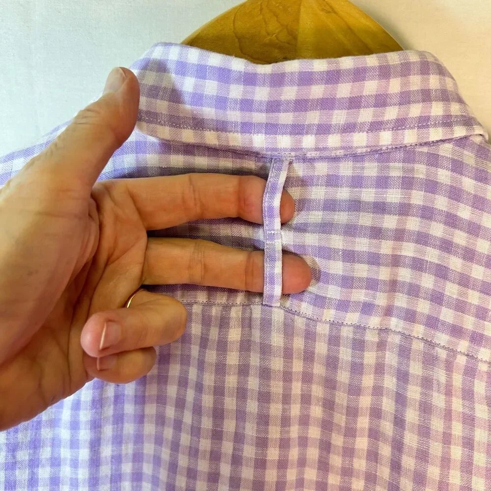 Banana Republic Men's Lavender White Linen Gingham SS Button-Down Shirt Size M